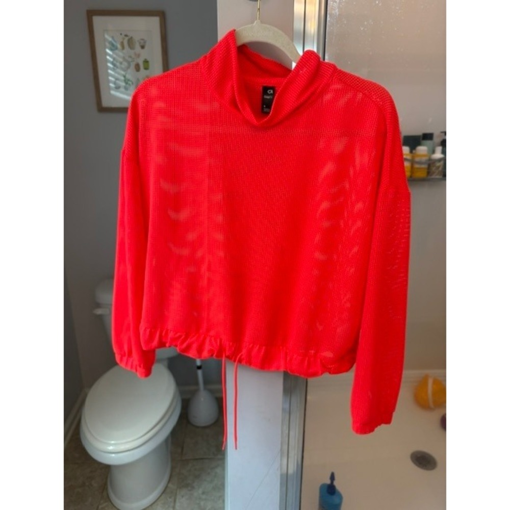 GapFit Women's Small Neon Orange Mesh Cropped Pullover Mock Neck Activewear‎ Top